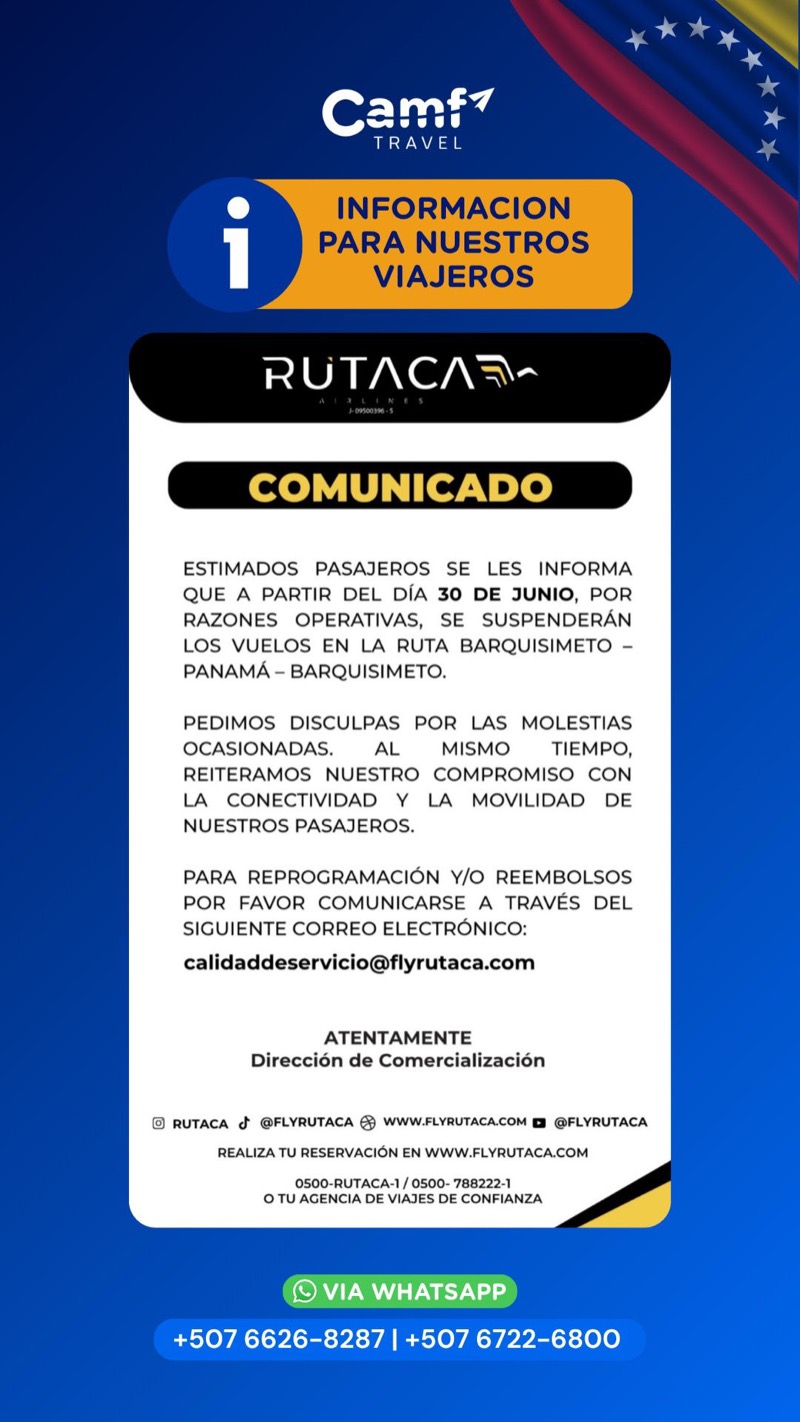 Rutaca suspende la ruta Barquisimeto – Panamá desde el 30 de junio